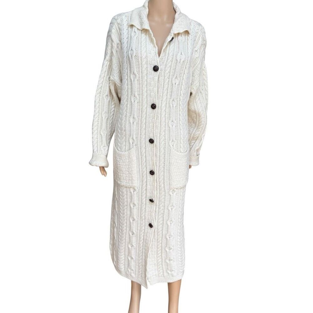 Vintage Aran Crafts Ireland 100% Wool Cable Knit Long Cardigan Coat Sz M Ivory
